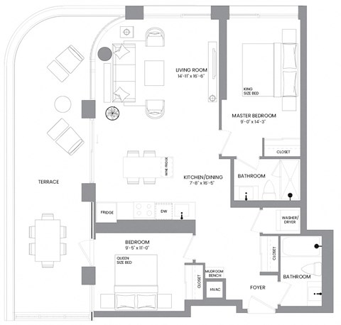 Floor plan for 2 beds, 2 baths, 924 sqft
